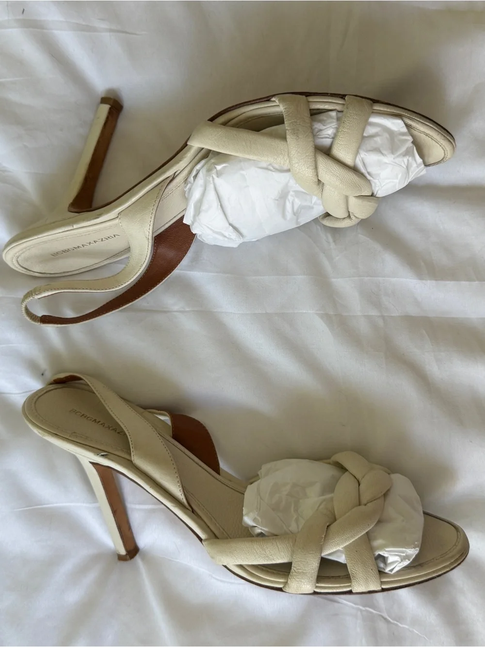 BCBGMaxAzria White Braided Strap Sandal Ivory White Kitten Heels Women size 8.5